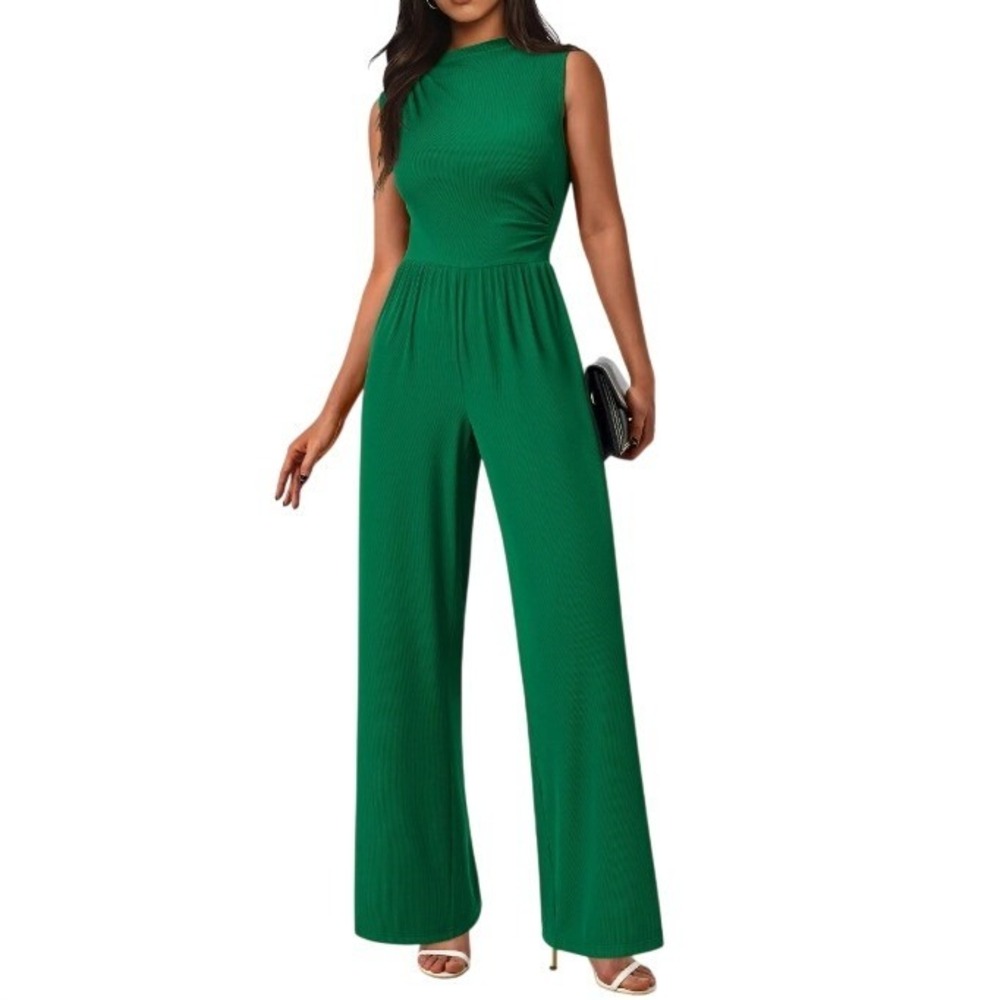 PrettyGarden Women's Emerald Green Mock Neck Ribbed Wide Leg Jumpsuit Size M